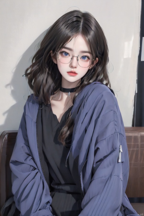  1girl, solo, looking at viewer, short hair, blue eyes, shirt, black hair, sitting, closed mouth, jacket, upper body, open clothes, glasses, choker, hood, lips, black shirt, black choker, cross, blue jacket, black-framed eyewear, realistic, bench, ((poakl))