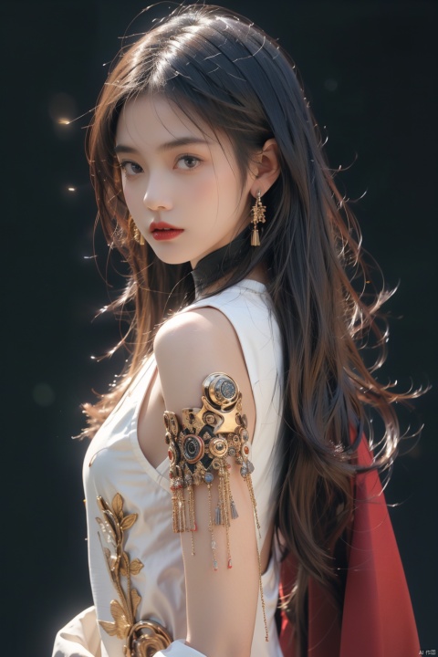  Best quality,masterpiece,ultra high res,(photorealistic:1.4),raw photo,(a 18-year-old girl), 1girl,solo,black hair,long hair,jewelry,bangs,lookingatviewer,bluntbangs,upperbody,lips,straighthair,closedmouth,blackbackground,redlips,beads,moyou,eluosi,光影对比,阳光照在脸上,superlonglegs,skinny,pantyhose,sssr,whitethighhighs,,紧身衣,丝袜连体衣,1girl,dofas,超高跟鞋,machinery,机甲,机枪,枪炮, robot girl