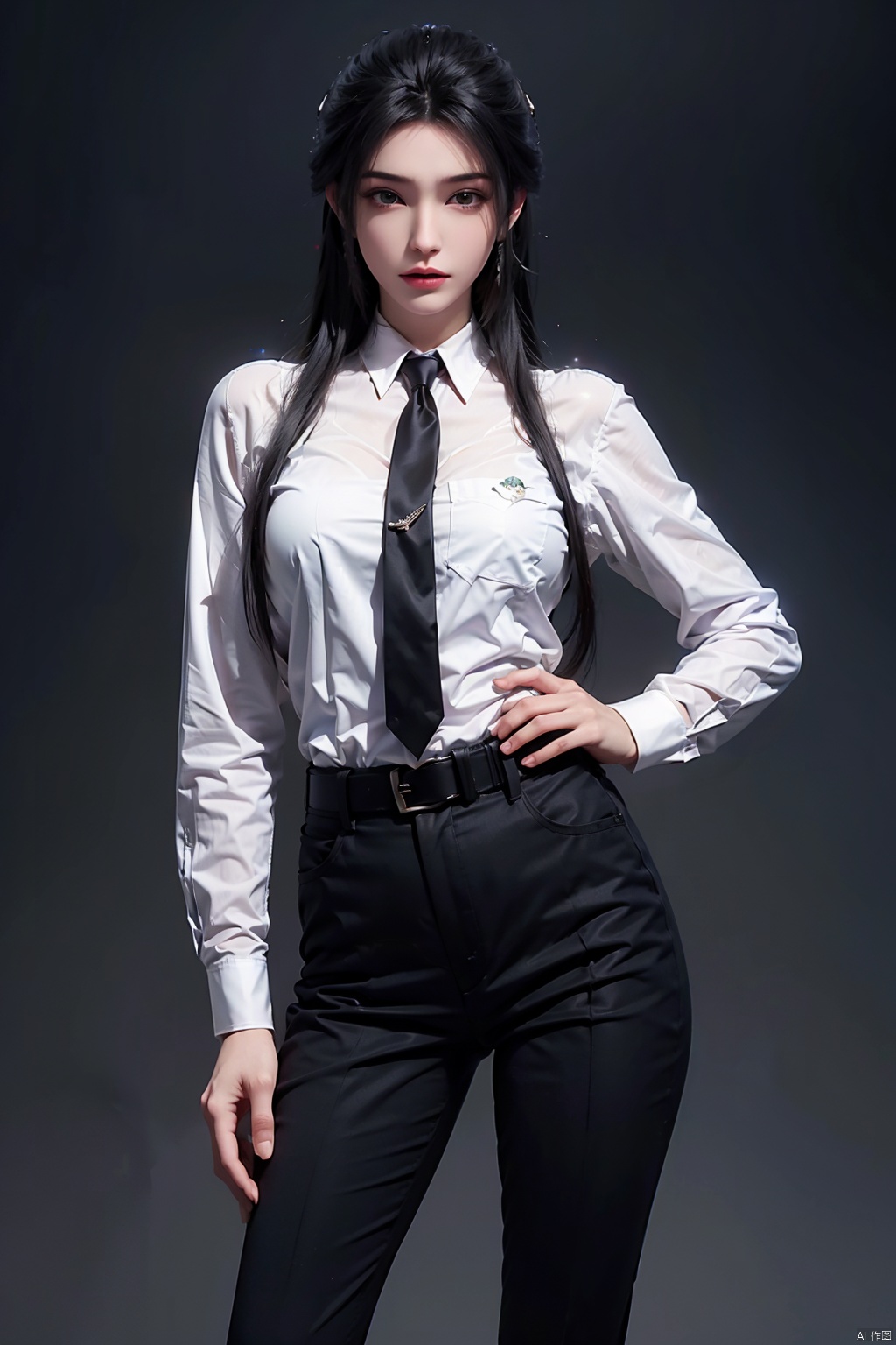  fashionable, vibrant, outfit, posing, front, colorful, solo, looking at viewer, shirt,((1girl)), (eastern dragon:1.5),white shirt,necktie, collared shirt, pants, black pants, formal, suit, black necktie, watch, black suit,Visual impact,A shot with tension,(upper body:1.0),cold attitude, Ear stud,tattoo,Long Legs,black pantyhose,high heels
Masterpiece,best quality,official art, Extremely detailed CG unit 8k wallpaper,realistic,light rays,light particles, 1 girl,solo,skin,pantyhose,play skin,black hair,necktie, Long hair,pantyhose,standing,day, (simple background:1.2), Dynamic pose,looking at viewer,cowboy shot,breaks,hand on hip,belt,lips, ((poakl)), 002lxx