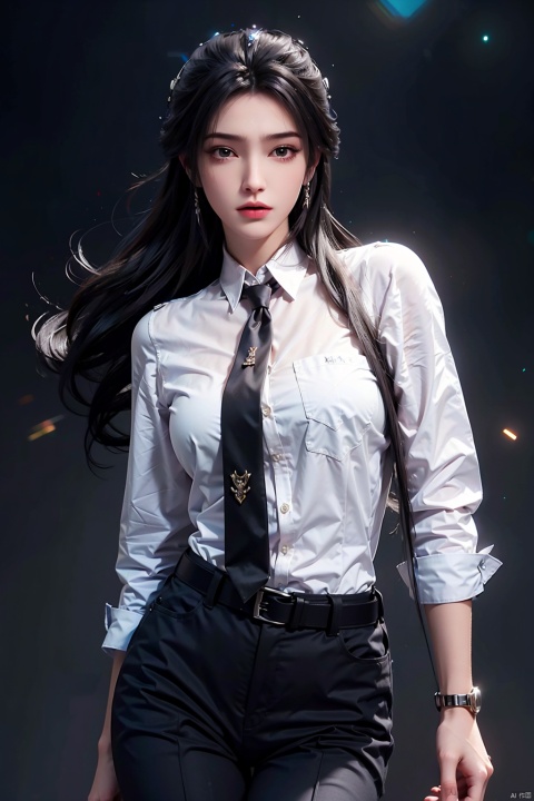  fashionable, vibrant, outfit, posing, front, colorful, solo, looking at viewer, shirt,((1girl)),white shirt,necktie, collared shirt, pants, black pants, formal, suit, black necktie, watch, black suit,Visual impact,A shot with tension,(upper body:1.0),cold attitude, Ear stud,tattoo,Long Legs,black pantyhose,high heels
Masterpiece,best quality,official art, Extremely detailed CG unit 8k wallpaper,realistic,light rays,light particles, 1 girl,solo,skin,pantyhose,play skin,black hair,necktie, Long hair,pantyhose,standing,day, (simple background:1.2), Dynamic pose,looking at viewer,cowboy shot,breaks,hand on hip,belt,lips, ((poakl)), 002lxx