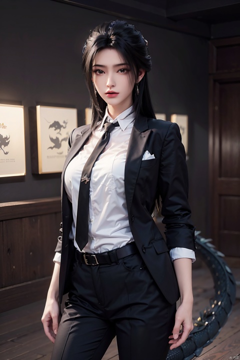  fashionable, vibrant, outfit, posing, front, colorful, solo, looking at viewer, shirt,((1girl)), (eastern dragon:1.5),white shirt,necktie, collared shirt, pants, black pants, formal, suit, black necktie, watch, black suit,Visual impact,A shot with tension,(upper body:1.0),cold attitude, Ear stud,tattoo,Long Legs,black pantyhose,high heels
Masterpiece,best quality,official art, Extremely detailed CG unit 8k wallpaper,realistic,light rays,light particles, 1 girl,solo,skin,pantyhose,play skin,black hair,necktie, Long hair,pantyhose,standing,day, (simple background:1.2), Dynamic pose,looking at viewer,cowboy shot,breaks,hand on hip,belt,lips, ((poakl)), 002lxx