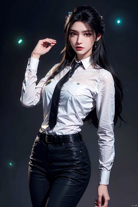  fashionable, vibrant, outfit, posing, front, colorful, solo, looking at viewer, shirt,((1girl)),white shirt,necktie, collared shirt, pants, black pants, formal, suit, black necktie, watch, black suit,Visual impact,A shot with tension,(upper body:1.0),cold attitude, Ear stud,tattoo,Long Legs,black pantyhose,high heels
Masterpiece,best quality,official art, Extremely detailed CG unit 8k wallpaper,realistic,light rays,light particles, 1 girl,solo,skin,pantyhose,play skin,black hair,necktie, Long hair,pantyhose,standing,day, (simple background:1.2), Dynamic pose,looking at viewer,cowboy shot,breaks,hand on hip,belt,lips, ((poakl)), 002lxx