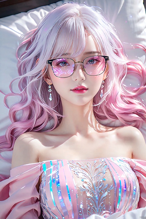  Dimensional Armory,Lying in bed, looking from above,Anime girl in bare-shoulder dress,glowing eyes,with long white hair,wearing black glasses frame,glowing pink special effects,gradient pink and blue Lights,light blue background,rich details, the eyes,ultra high resolution,32K UHD,best quality,masterpiece,