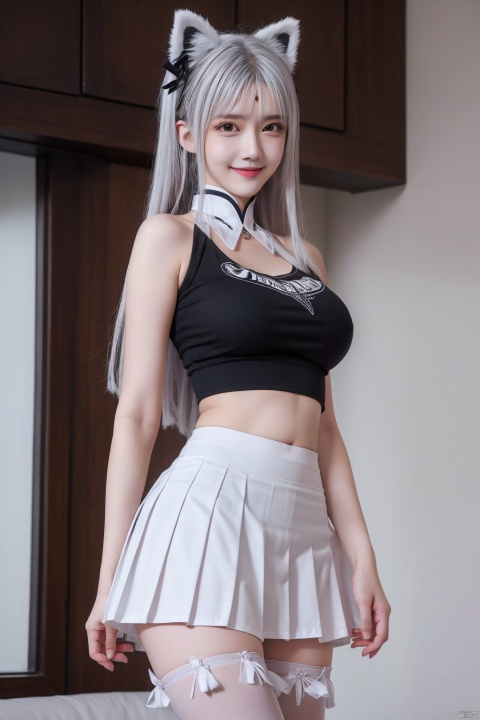 best quality, masterpiece, realistic,cowboy_shot,(Good structure), DSLR Quality,Depth of field,kind smile,looking_at_viewer,Dynamic pose, 
1girl, solo, breasts, looking at viewer, blush,   skirt,  shirt, thighhighs, navel, holding, animal ears, bare shoulders, underwear, standing, panties, tail, , white shirt, thighs,, pleated skirt, , sleeveless, midriff, black thighhighs, indoors, miniskirt, stomach, white panties, crop top, animal ear fluff, bare arms, fox ears, sleeveless shirt, fox tail, halo, pantyshot, white skirt, fox girl, brown thighhighs, cheerleader, pom pom \(cheerleading\), crop top overhang, holding pom poms,   , xiaoyixian,white_hair, blackpantyhose(big_breasts:1.5)