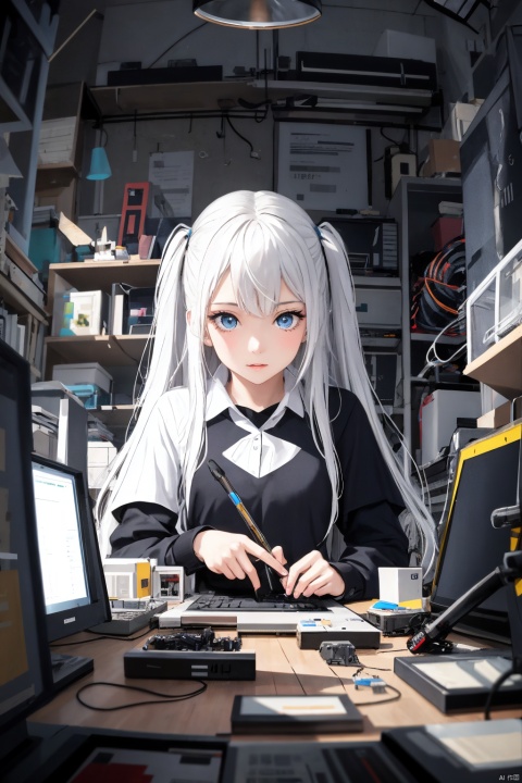  1girl, long hair, bangs, blue eyes, white hair, floating hair,Cubist abstraction, the figure of a girl amidst a geometrically fractured workshop, computer parts as the subject of artistic fragmentation, vibrant color palette, low-angle perspective, sharp lines, high-resolution canvas.