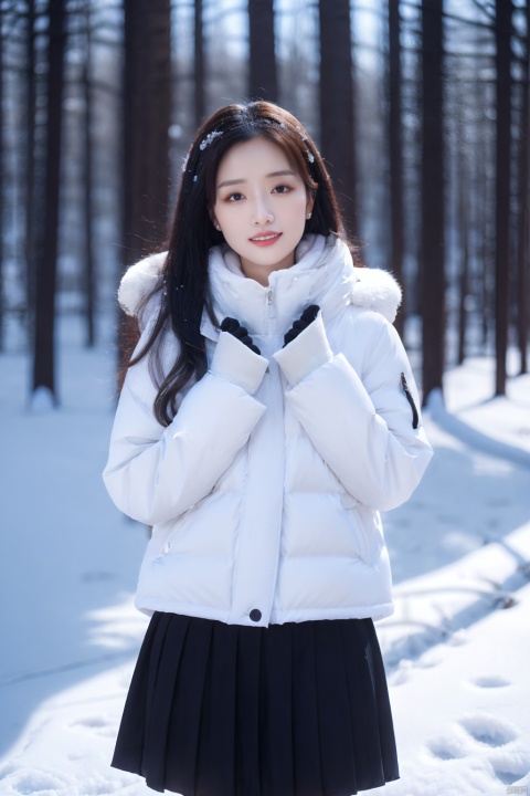  masterpiece, best quality, 1girl ((snowy background)), black hair, floating hair, blush, looking at viewers, white glossy down jacket outfit, happy, ((side)), whole body, feeling snow, (studio light), soft light, dark style, night style, winter, 1girl