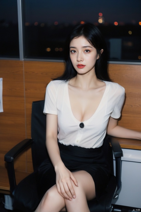  1gril,(yosshi film:1.2),simple_background,lace-trimmed_skirt, office_lady, ol,sitting , cleavage_cutout,upskirt,(night office:1.3),snowflake, film1, 1girl
