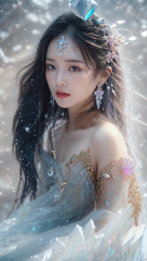  masterpiece,best quality,masterpiece,best quality,official art,extremely detailed CG unity 16k wallpaper,masterpiece,thigh,((1girl)),(science fiction:1.1),(ultra-detailed crystallization:1.5),(crystallizing girl:1.5),kaleidoscope,((iridescent:1.5) long hair),(glittering silver eyes),sitting,surrounded by colorful crystals,blue skin,(skin fusion with crystal:1.8),looking up,face focus,simple dress,transparent crystals,flat dark background,lens flare,prism, 1 girl, (\meng ze\), qingyi,hair ornament, 1girl, gold armor, huliya, xiaoyixian,whtie hair