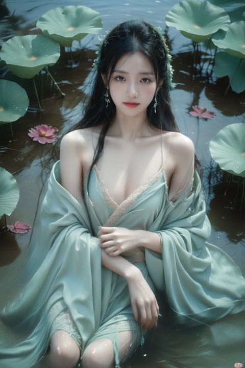 A girl, lying in the water, in a green pool, covered with lotus leaves, dressed in gauze-like Hanfu,hedress,Smile, wet clothes, dofas,1girl