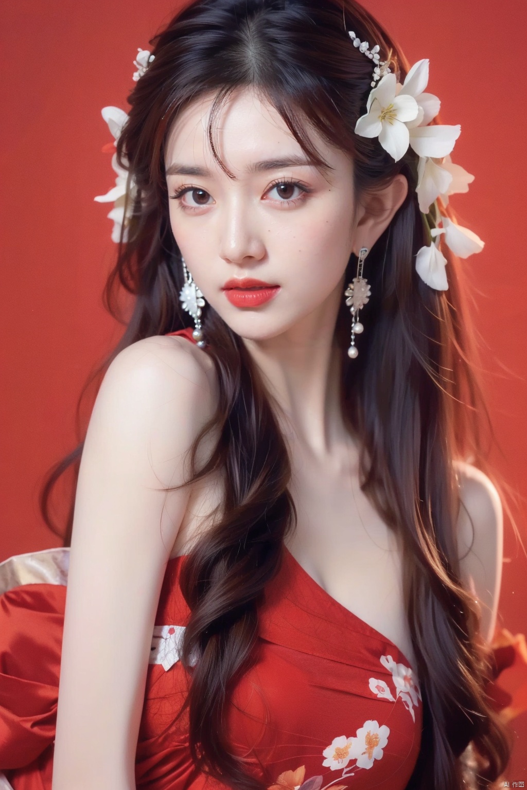 1girl, solo, long hair, black hair, hair accessories, jewelry, closed mouth, upper body, flowers, earrings, blur, side, eyelashes, side, makeup, red background, Chinese costume, red flowers, fringe, branch, red lips, fringe earrings, fruit grain, no hand, very beautiful, masterpiece, best quality, super detail, animation style, key vision