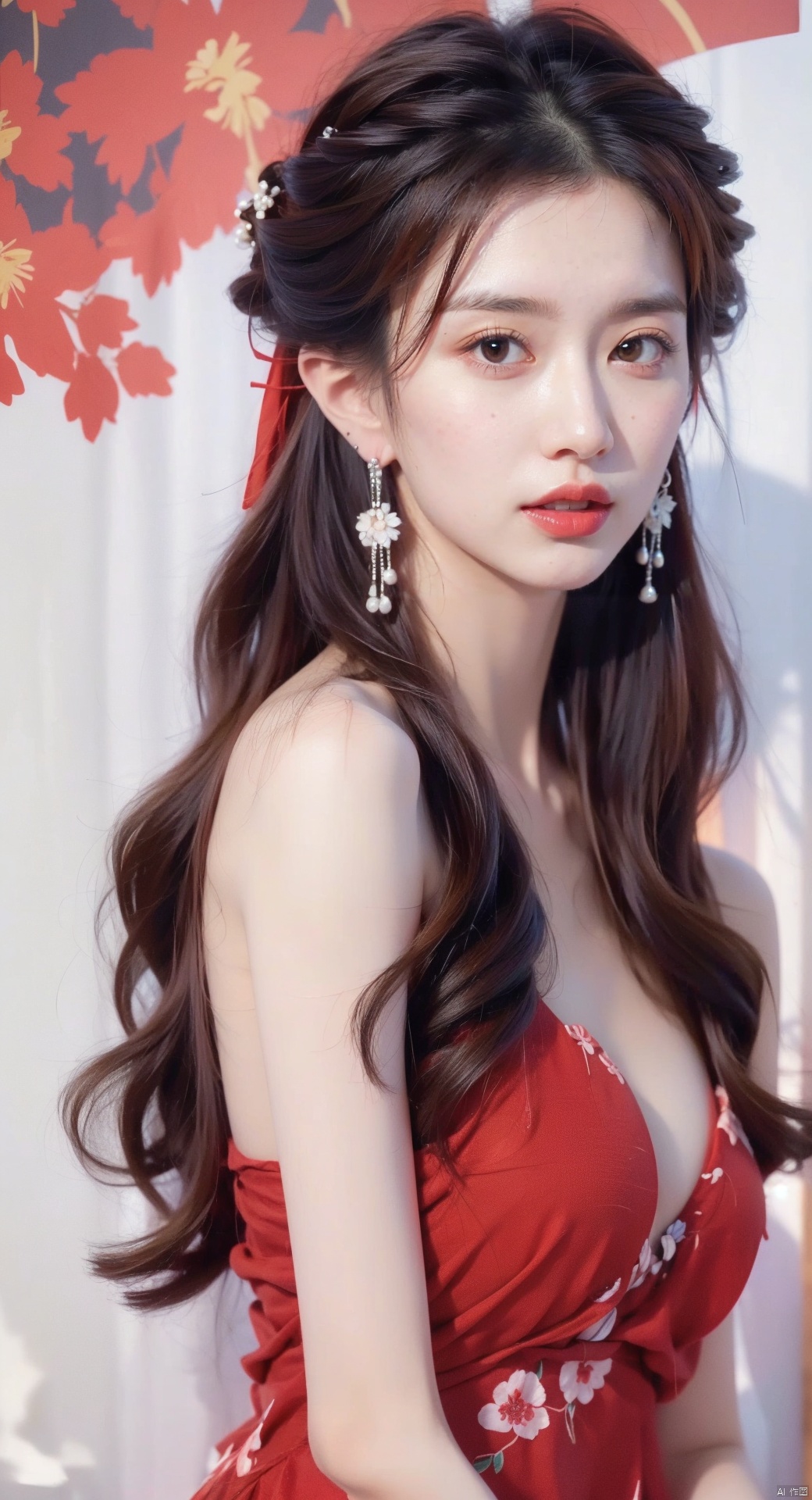 1girl, solo, long hair, black hair, hair accessories, jewelry, closed mouth, upper body, flowers, earrings, blur, side, eyelashes, side, makeup, red background, Chinese costume, red flowers, fringe, branch, red lips, fringe earrings, fruit grain, no hand, very beautiful, masterpiece, best quality, super detail, animation style, key vision