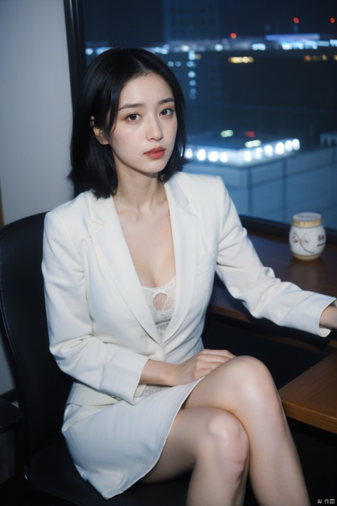  1gril,(yosshi film:1.2),simple_background,lace-trimmed_skirt, office_lady, ol,sitting , cleavage_cutout,upskirt,(night office:1.3),snowflake, film1, 1girl, wangyushan