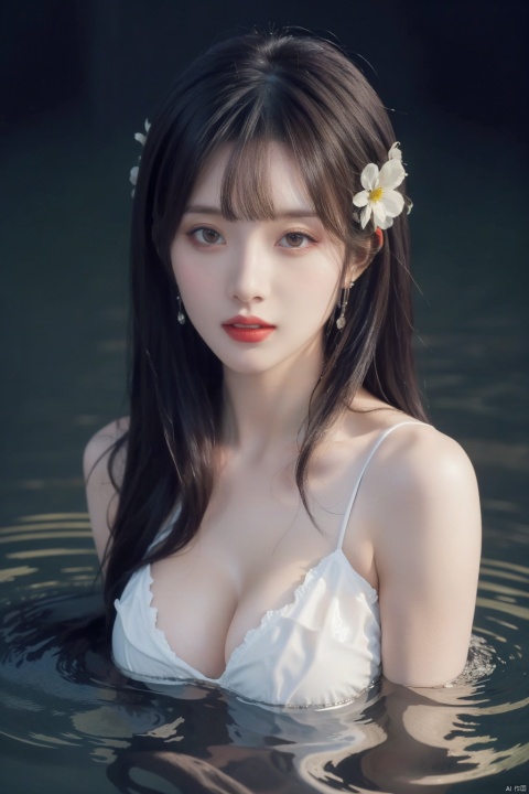  Masterpiece, best quality, 32K, 1 girl, Solo, long hair, breasts, bangs, brown hair, hair decor, cleavage, bare shoulders, upper body, flowers, parted lips, artist&#039;s name, hair flowers, water, close shoulders, blur, lips, depth of field, pattern, foam, red lips,1girl, wangyushan
