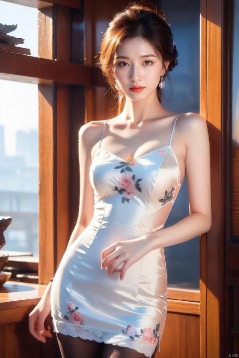 ultra realistic 8k cg,flawless,clean,masterpiece,professional artwork,famous artwork,cinematic lighting,cinematic bloom,cute expression,intricate detail,best quality,photorealistic,radiant face,cowboy_shot,1girl,solo,chinese style architecture,outdoors,smile,china_dress,pantyhose,