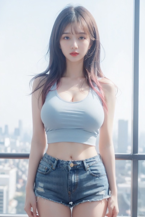  1 girl, (8k, original photo, best quality, Masterpiece: 1.3), (realistic, realistic: 1.37), (daytime), (Looking at the audience: 1.331), Posing, (Tokyo Tower:1.4), ((Daytime City View)), (Real city),((Clear background)), soft light, 1 girl, extremely beautiful face, ((Perfect lively breasts)), (Big boobs:1.5),(Bare cleavage:1.2), put down hands, random hairstyle, (Long light pink hair:1.5), random expression, big eyes, small belly,((((White short tank top)))), ((((Light blue denim short shorts)))), mix4, an extremely delicate and beautiful girl, beautiful face,beautiful eyes, beautiful girl, 8k wallpaper, (best quality: 1.12), (Detailed: 1.12), (Complex: 1.12), (Ultra Detailed: 1.12), (Advanced: 1.12), Ultra Detailed, Ultra Detailed, High Resolution Illustration, Color, 8k wallpaper, highres, Movie Light, Ray Tracing, (8k, Original photo, best Quality, Masterpiece, Ultra High, Ultra Detailed: 1.2), ((realistic, photo-realistic)),yuzu,(large breasts),(breast expansion), (cleavage),1girl, wangyushan, ((poakl))