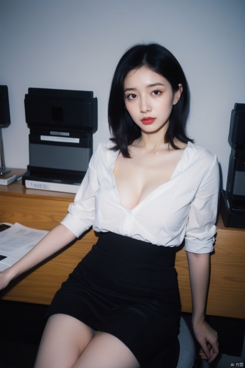  1gril,(yosshi film:1.2),simple_background,lace-trimmed_skirt, office_lady, ol,sitting , cleavage_cutout,upskirt,(night office:1.3),snowflake, film1, 1girl