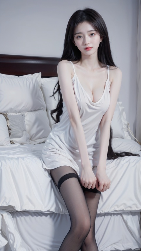  Enhancement, masterpiece, 16K, 1 girl, long hair, short nightgown with suspender, sitting by the bed, front face, fair and tender big legs, fair and tender skin, smiling, pure and beautiful woman,1girl, wangyushan, ((poakl))