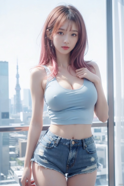  1 girl, (8k, original photo, best quality, Masterpiece: 1.3), (realistic, realistic: 1.37), (daytime), (Looking at the audience: 1.331), Posing, (Tokyo Tower:1.4), ((Daytime City View)), (Real city),((Clear background)), soft light, 1 girl, extremely beautiful face, ((Perfect lively breasts)), (Big boobs:1.5),(Bare cleavage:1.2), put down hands, random hairstyle, (Long light pink hair:1.5), random expression, big eyes, small belly,((((White short tank top)))), ((((Light blue denim short shorts)))), mix4, an extremely delicate and beautiful girl, beautiful face,beautiful eyes, beautiful girl, 8k wallpaper, (best quality: 1.12), (Detailed: 1.12), (Complex: 1.12), (Ultra Detailed: 1.12), (Advanced: 1.12), Ultra Detailed, Ultra Detailed, High Resolution Illustration, Color, 8k wallpaper, highres, Movie Light, Ray Tracing, (8k, Original photo, best Quality, Masterpiece, Ultra High, Ultra Detailed: 1.2), ((realistic, photo-realistic)),yuzu,(large breasts),(breast expansion), (cleavage),1girl, wangyushan