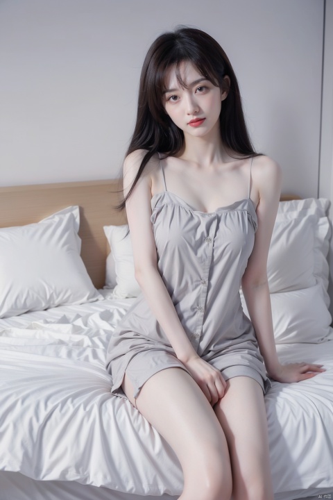  Enhancement, masterpiece, 16K, 1 girl, long hair, short nightgown with suspender, sitting by the bed, front face, fair and tender big legs, fair and tender skin, smiling, pure and beautiful woman,1girl, wangyushan