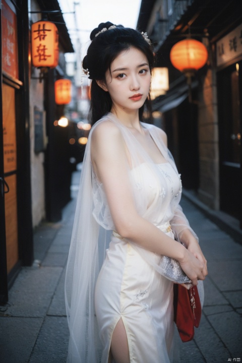  best quality, masterpiece, ultra high res,1girl, gigantic_breasts, looking at viewer,(see-through dress),bare shoulders,dress,qi pao,ancient Chinese street ,Chinese dress,, yosshi film, standing, one girls, chinese_clothes, Chinese costume, street, smiling, holding_wood_box , ganyu (genshin impact), 1girl,moyou