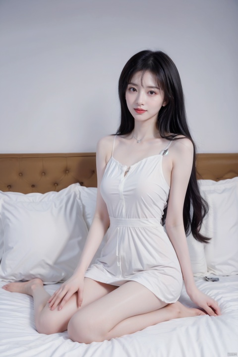  Enhancement, masterpiece, 16K, 1 girl, long hair, short nightgown with suspender, sitting by the bed, front face, fair and tender big legs, fair and tender skin, smiling, pure and beautiful woman,1girl, wangyushan