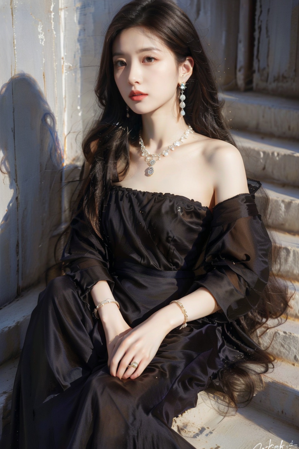  1girl, solo, long hair, brown hair, black hair, long sleeves, dress, jewelry, sitting, closed mouth, earrings, hand up, signature, necklace, black dress, bracelet, profile, ring, stairs, multiple rings,meiren, ((poakl)), (\ji jian\), gotou hitori,moyou