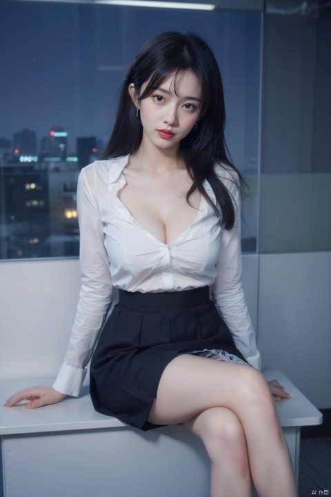  1gril,(yosshi film:1.2),simple_background,lace-trimmed_skirt, office_lady, ol,sitting , cleavage_cutout,upskirt,(night office:1.3),snowflake, film1, 1girl, wangyushan