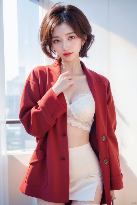  Outdoor scenery, snow view, Snow Mountain, girl, red wool coat, pretty face, short hair, blonde hair, (photo reality: 1.3) , Edge lighting, (high detail skin: 1.2) , 8K Ultra HD, high quality, high resolution, the best ratio of four fingers and a thumb, (photo reality: 1.3) , wearing a red coat, white shirt inside, big chest, solid color background, solid red background, advanced feeling, texture full, 1 girl, Xiqing, HSZT, Xiaxue, dongy, a girl, magic eyes, black 8d smooth stockings, 1girl, sd_mai, xiqing, tm, ((poakl flower style)),moyou, wangyushan