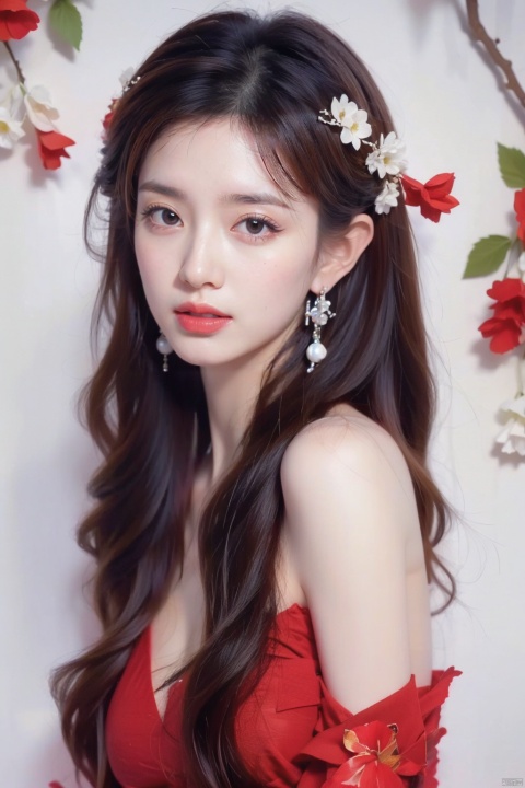 1girl, solo, long hair, black hair, hair accessories, jewelry, closed mouth, upper body, flowers, earrings, blur, side, eyelashes, side, makeup, red background, Chinese costume, red flowers, fringe, branch, red lips, fringe earrings, fruit grain, no hand, very beautiful, masterpiece, best quality, super detail, animation style, key vision