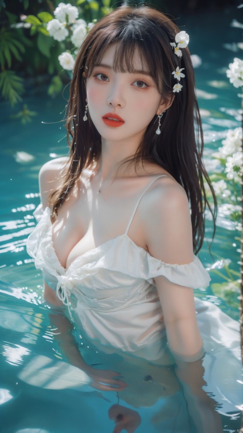  Masterpiece, best quality, 32K, 1 girl, Solo, long hair, breasts, bangs, brown hair, hair decor, cleavage, bare shoulders, upper body, flowers, parted lips, artist&#039;s name, hair flowers, water, close shoulders, blur, lips, depth of field, pattern, foam, red lips,1girl, wangyushan
