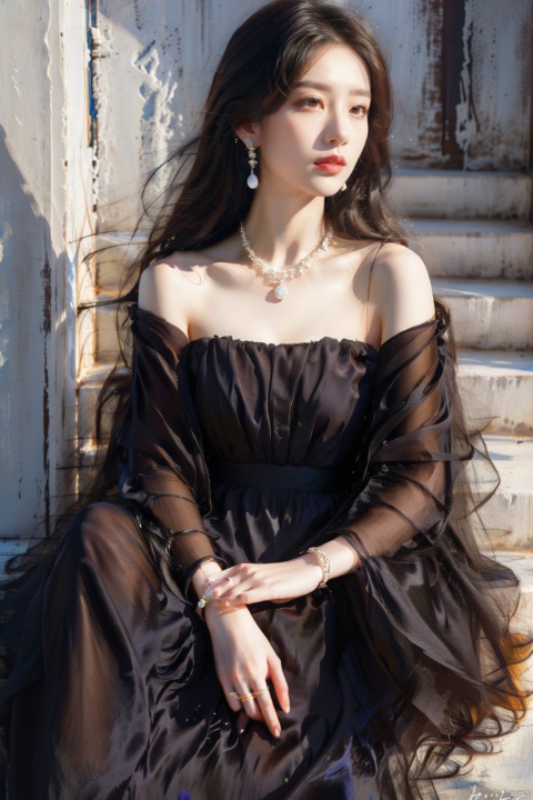  1girl, solo, long hair, brown hair, black hair, long sleeves, dress, jewelry, sitting, closed mouth, earrings, hand up, signature, necklace, black dress, bracelet, profile, ring, stairs, multiple rings,meiren, ((poakl)), (\ji jian\), gotou hitori,moyou