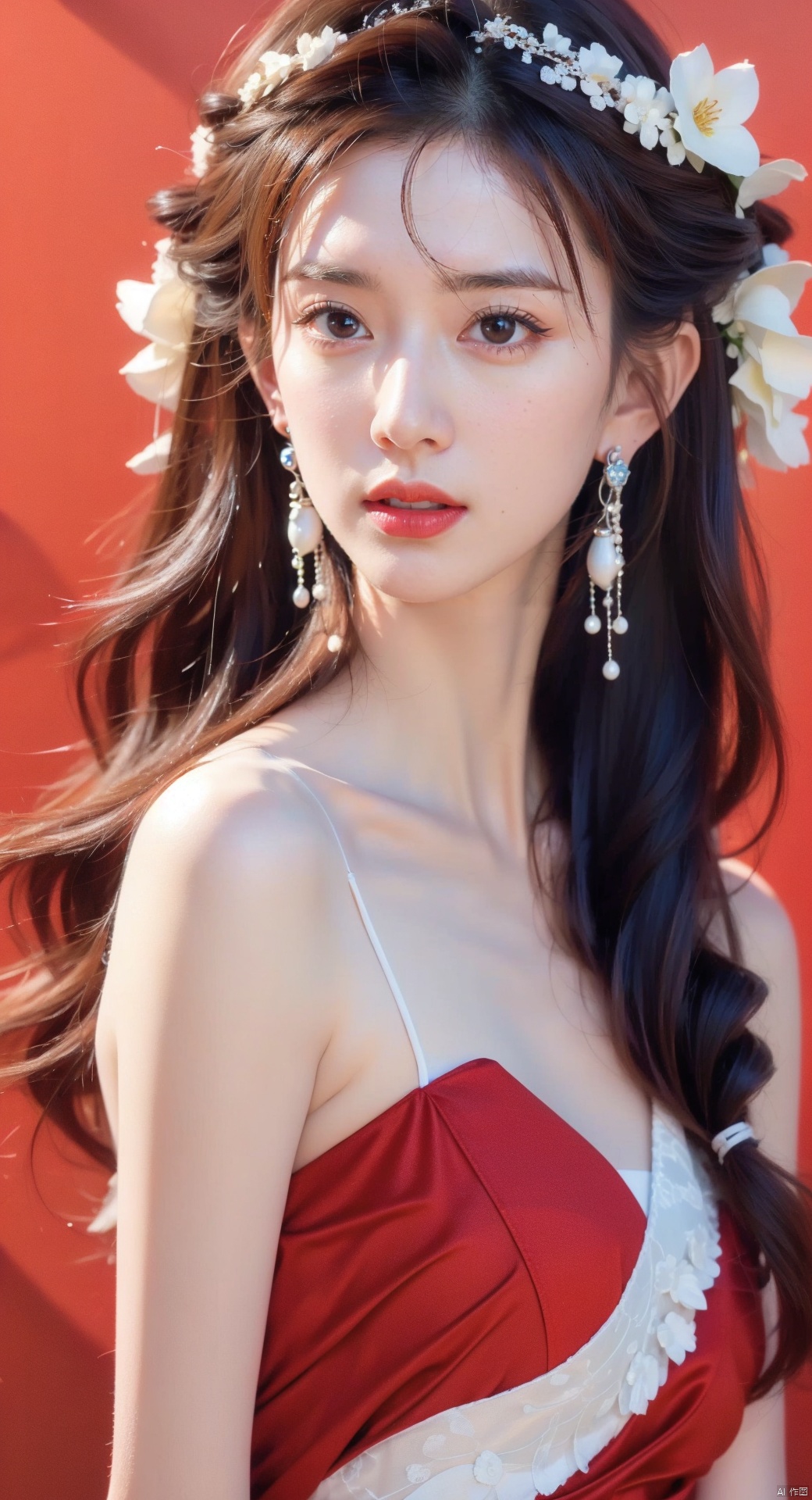 1girl, solo, long hair, black hair, hair accessories, jewelry, closed mouth, upper body, flowers, earrings, blur, side, eyelashes, side, makeup, red background, Chinese costume, red flowers, fringe, branch, red lips, fringe earrings, fruit grain, no hand, very beautiful, masterpiece, best quality, super detail, animation style, key vision