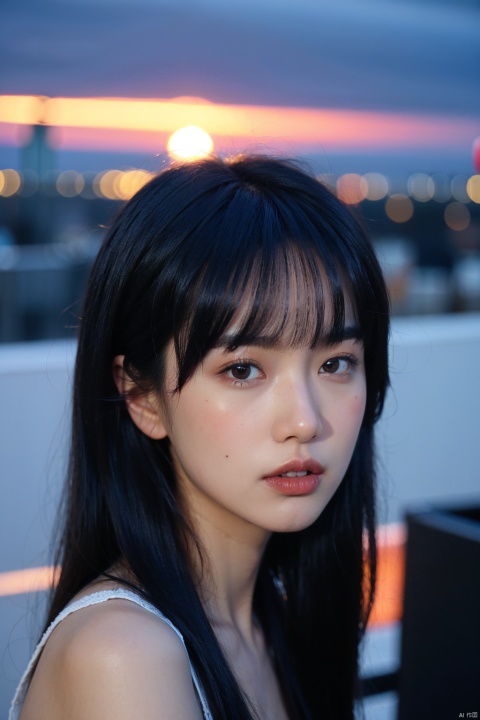 NSFW,Frontal photography,Look front,evening,dark clouds,the setting sun,On the city rooftop,A 20 year old female,Black top,Black Leggings,black hair,long hair, dark theme, muted tones, pastel colors, high contrast, (natural skin texture, A dim light, high clarity) ((sky background))((Facial highlights)),, 1girl