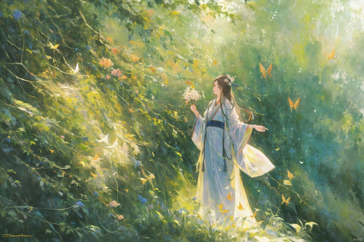  TT, 1girl, long hair, solo, hanfu, flower, chinese clothes, outdoors, tree, long sleeves, nature, butterfly, bird, bug, hair ornament, black hair, brown hair, full body, wide sleeves, sunlight