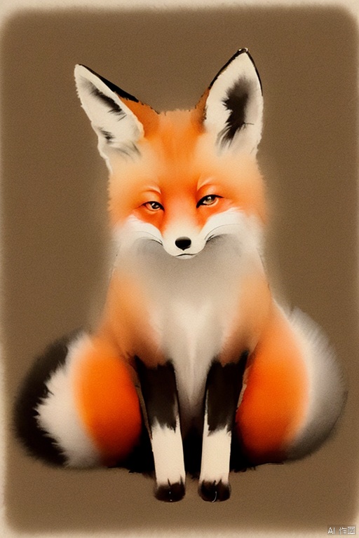   zydink, ink sketch, cute fox opens its eyes slightly, orange, large tail, simple white background, smwuxia Chinese text blood weapon:sw