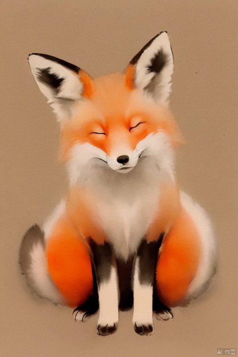   zydink, ink sketch, cute fox, orange, closed eyes, large tail, simple white background, smwuxia Chinese text blood weapon:sw
