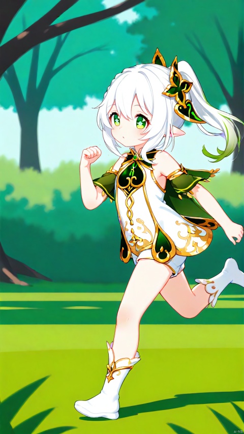  little girl,white short hair,quiet,cute,lolicon,ponytail,green pupil,flat chested,bangs,white clothes,white shorts,exquisite hand depict,sprite ear,short legged,introversion，Quadrangular star pupil，bare leg,legwear,nahida,in the park,running