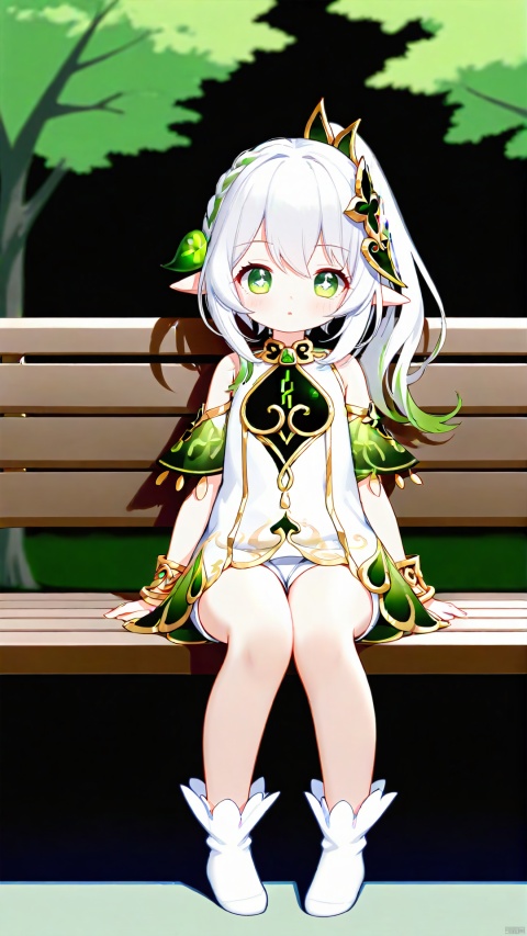  little girl,white short hair,quiet,cute,lolicon,ponytail,green pupil,flat chested,bangs,white clothes,white shorts,exquisite hand depict,sprite ear,short legged,introversion，Quadrangular star pupil，bare leg,legwear,nahida,in the park,sitting