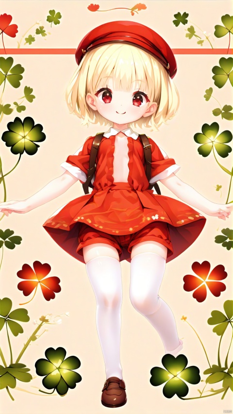  little girl,blonde and short hair,bunches,bangs,brown shoes,character in the middle of the image，sprite ear,cute，white silk stockings，exquisite hand depict,red pupil，red shorts，red Newsboy hat,brown small backpack,the pattern of clover,red clothe,lolicon，lively，flat chested,smile,nudity,naked,nipple