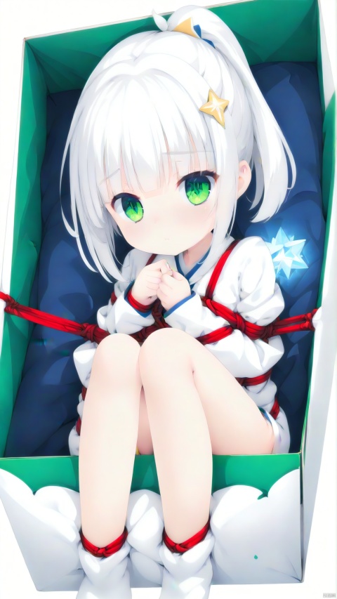 little girl,white short hair,quiet,cute,lolicon,ponytail,green pupil,flat chested,bangs,white clothes,white shorts,exquisite hand depict,sprite ear,short legged,introversion，Quadrangular star pupil，bare leg,in the gift box,shibari，stirrup legwear,naked