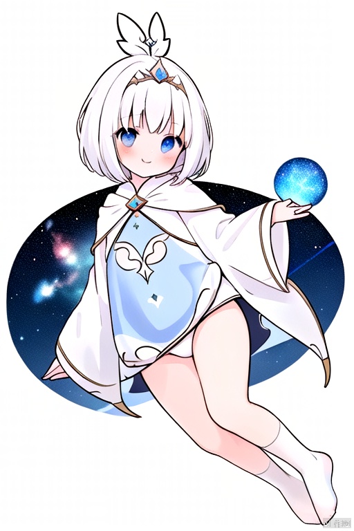 White shoulder length hair，little girl,cute,bule pupil,smile，quadrangular hairpin，Long white sleeved,starry sky cloak，one white silk stocking，white Babygro，white socks,floating，exquisite hand depict,floting diadema,short hair