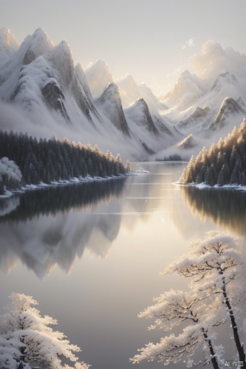  (ultra detailed, High quality ,best quality, High precision, Fine luster, UHD, 16k), (official art, masterpiece, illustration), A landscape painting with a lake, pine trees and a sunset, thick fog, with clear new pop illustrations, (large area of white space, one-third composition: 1.3), minimalist world, beige gray, Chinese Jiangnan scenery, digital printing, lake and mountain scenery, sunset and solitary crane flying together, , cnss, FANTASY