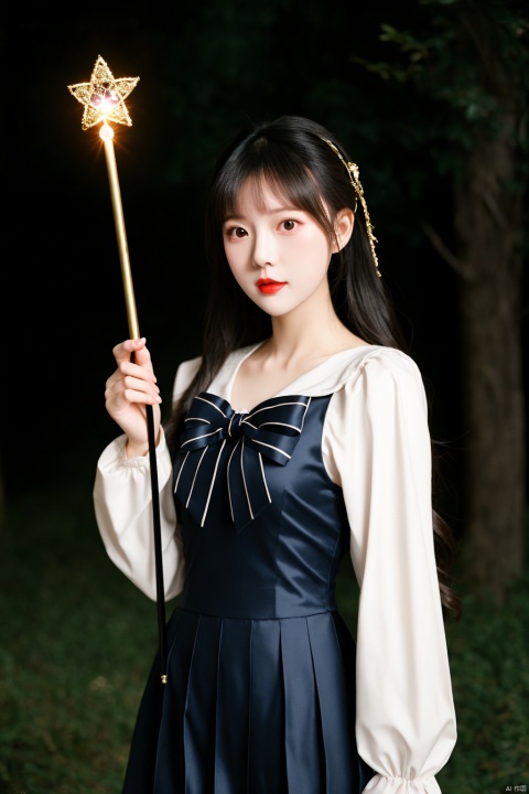 ((magical_girl)),1girl,white_skin,slender,stars,realistic,photo_(medium),holding wand,lolita,, holiday, Asian girl