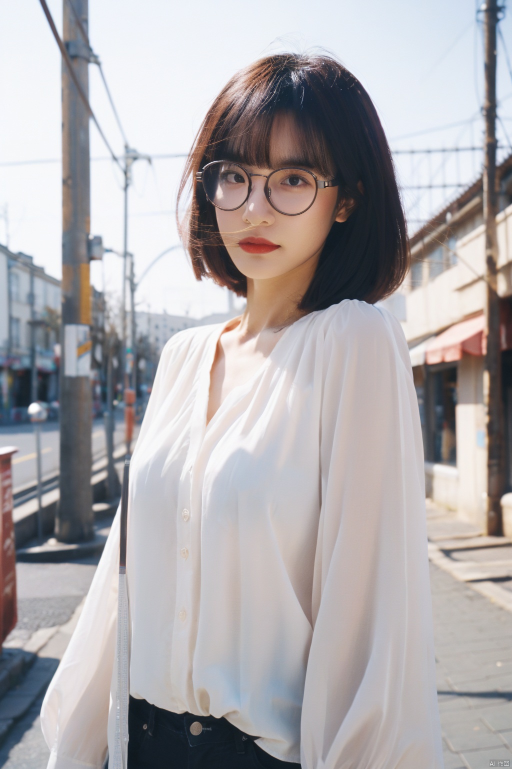 1girl,glamor,realistic,reality,photo_(medium),,((glasses)),,lamppost,power_lines,fair_skin,brown hair,makeup,*****,blouse,wind, film