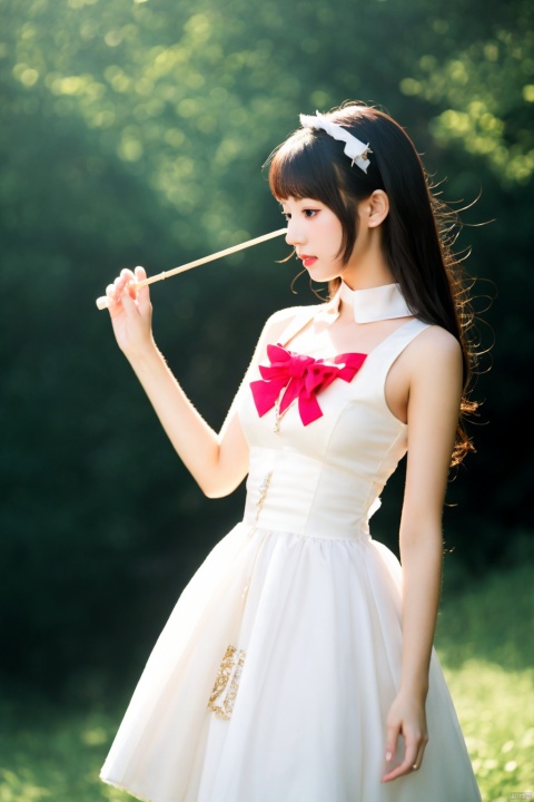 ((magical_girl)),1girl,white_skin,slender,stars,realistic,photo_(medium),holding wand,lolita,,