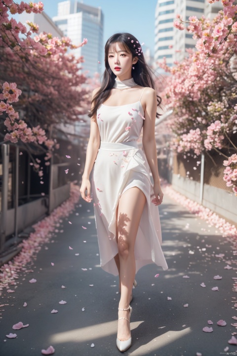  High quality, ultra-high definition, surreal, highest resolution, high detail, clear visual effects, a standing girl,Standing,Attractive,full body portrait, sapphire-like eyes, looking at the camera, red lips, exquisite facial features, looking at the camera, (facial close-up), (white hair), (round neck), tall figure, On the streets of Tokyo, Sunshine,Not wearing clothes, cyberpunk, high heels,PinkMecha, 4k, ultimate details, shiny top,real skin, falling petals