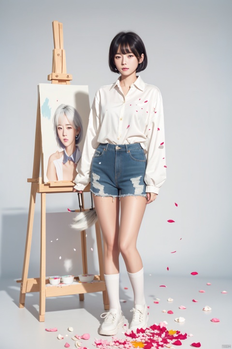 1girl, solo, looking at viewer, short hair, bangs, shirt, long sleeves, holding, closed mouth, standing, full body, white shirt, white hair, shoes, socks, collared shirt, medium hair, black footwear, sleeves past wrists, grey eyes, buttons, white socks, paintbrush, oversized clothes, painting \(object\), paint splatter, paint, white theme, palette \(object\), oversized shirt, canvas \(object\), easel, real skin, falling petals