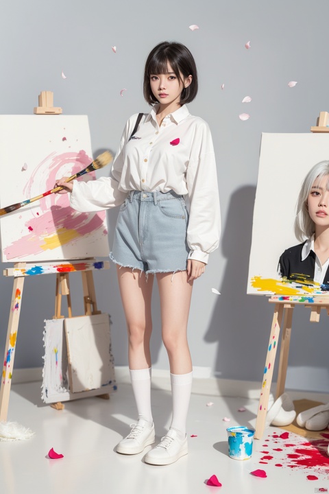  1girl, solo, looking at viewer, short hair, bangs, shirt, long sleeves, holding, closed mouth, standing, full body, white shirt, white hair, shoes, socks, collared shirt, medium hair, black footwear, sleeves past wrists, grey eyes, buttons, white socks, paintbrush, oversized clothes, painting \(object\), paint splatter, paint, white theme, palette \(object\), oversized shirt, canvas \(object\), easel, real skin, falling petals, between_breasts