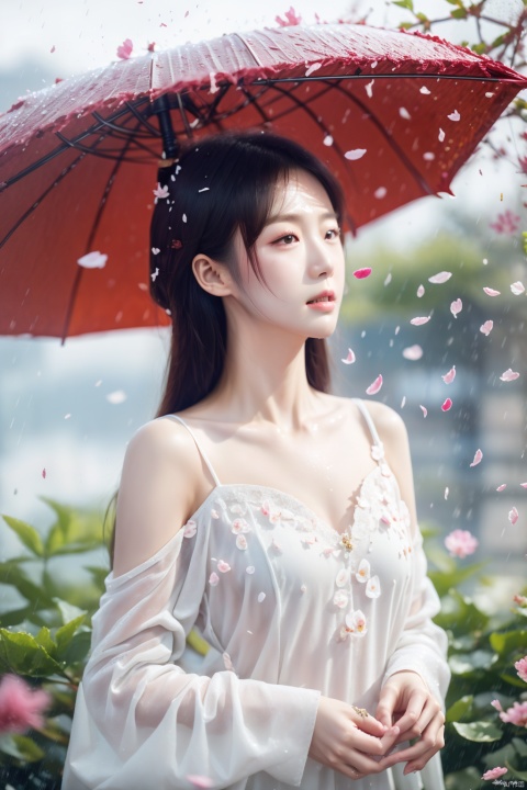 A woman holds a oil-paper umbrella on her shoulder to shelter from the rain as part of a fashion event in the style of Yue Xiaofei, light jade, ethereal dream, Tang Youhong, elegant, detailed design, dansaekhwa,Joil-paper umbrella,chinese clothes,holding umbrella,rain, (Milky skin, shiny skin:1.3),real skin, falling petals