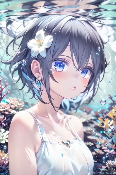  1girl, solo, black hair, short hair, jewelry, realistic, earrings, hair ornament, black eyes, lips, collarbone, parted lips, flower, watermark, upper body, portrait, hair flower, dress, web address, looking awayirt, illustration,, illustration,underwater